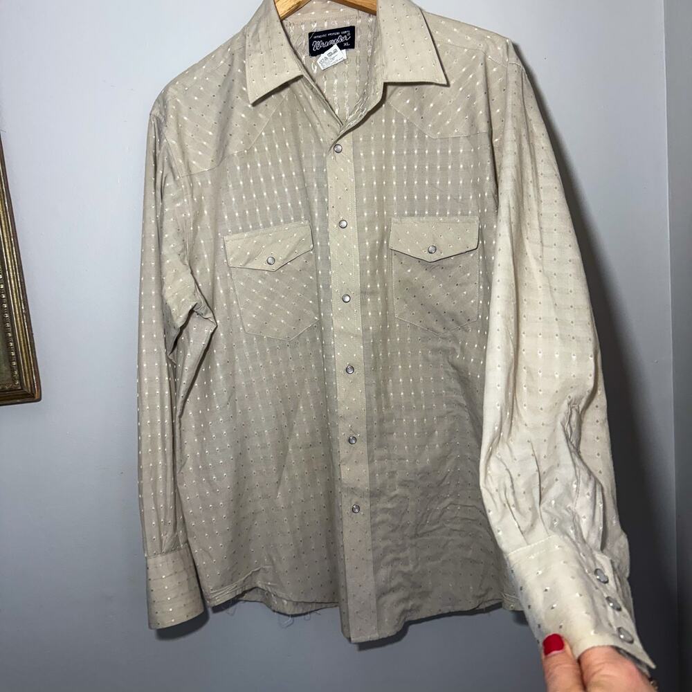 Wrangler Western Pearl Snap Shirt XL Tan Beige Tone on Tone Dobby Stripe Veo
